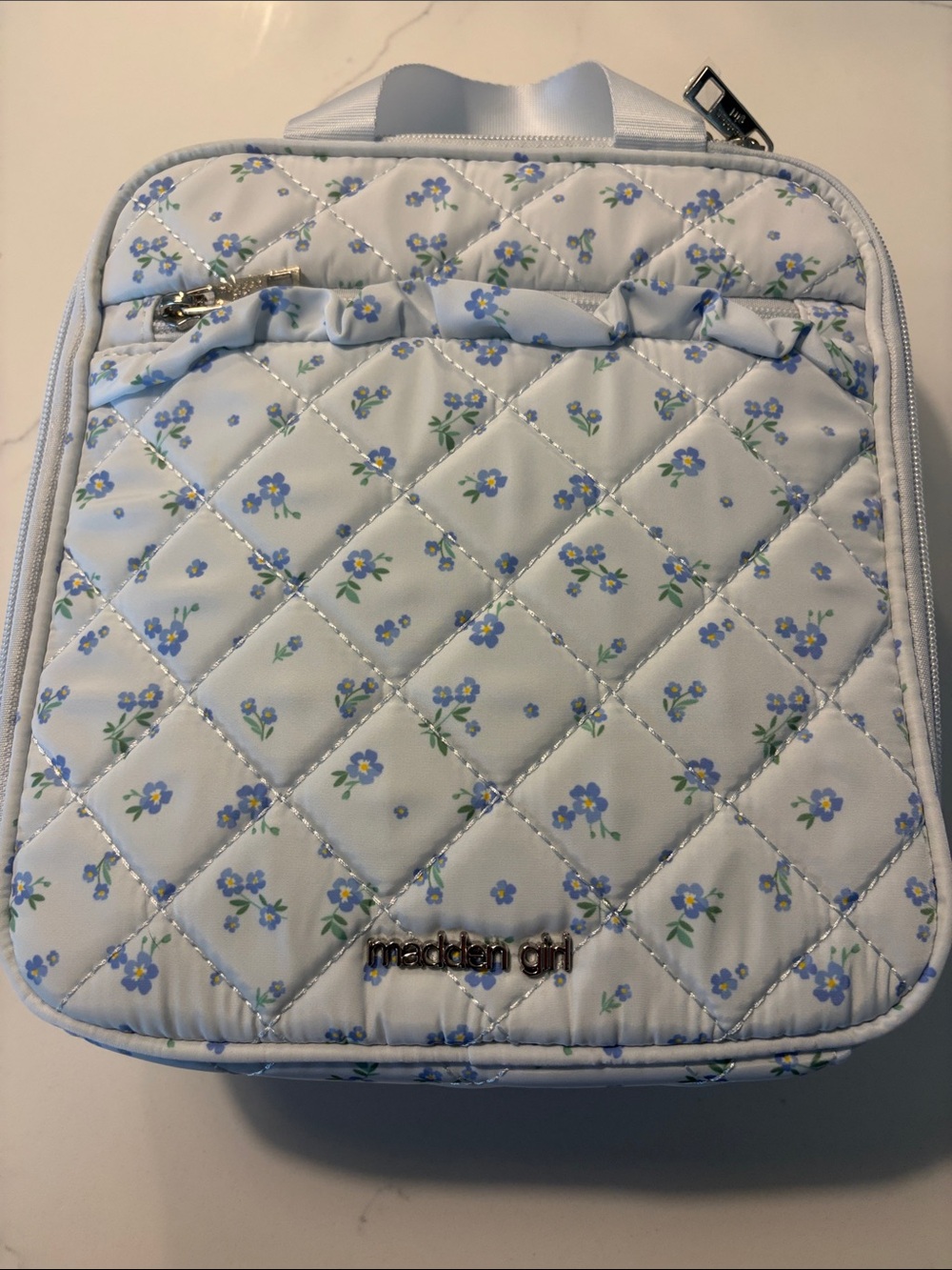Madden Girl White Quilted Floral  Soft Shell Lunchbox with Light Blue Flowers